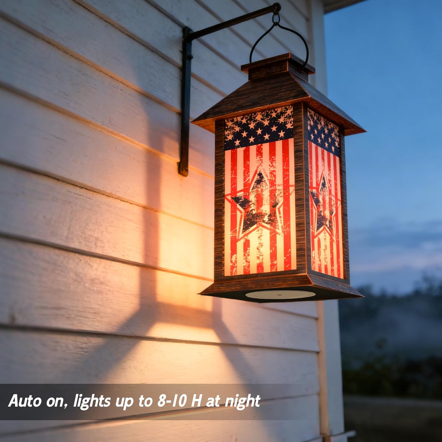 4th of July Solar Lanterns Outdoor Waterproof, American Flag Hanging Lantern with Flickering LED Candle, 13" Patriotic Lanterns Independence Day Decorations for Patio Porch Garden Yard Pathway, 1 Pack