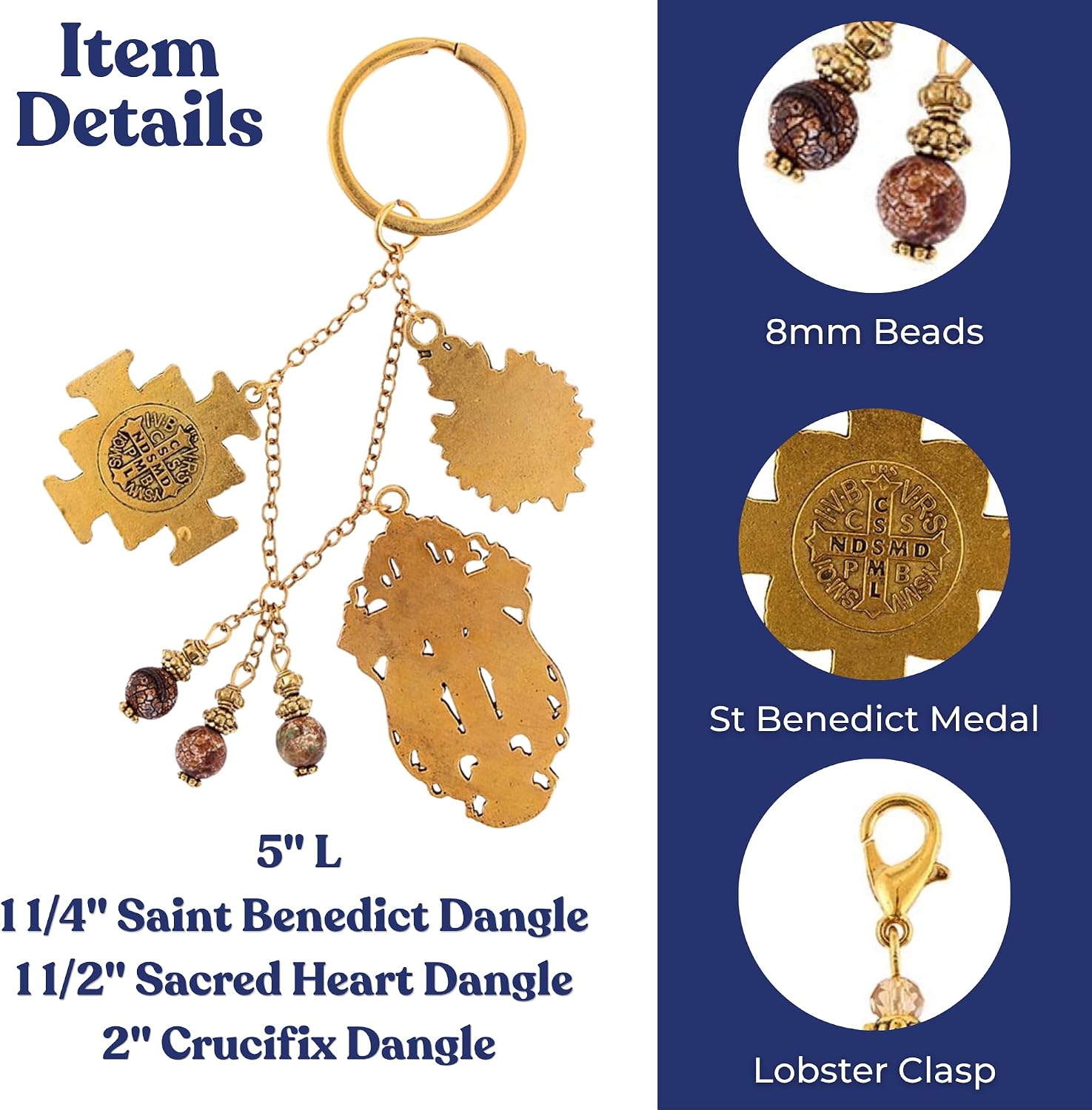Crucifix, Sacred Heart and St. Benedict Religious Keychain Charms, 5 Inches image 2