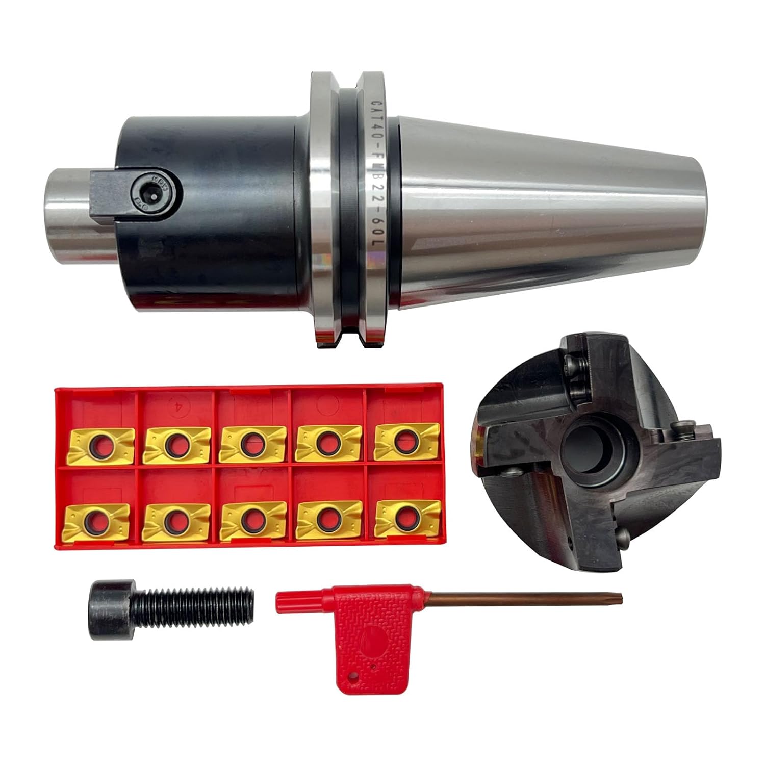 CAT40-FMB22-60 Shank Face End Mill Arbor and 400R-50-22-4T 50mm (2") 4-Flute Indexable Face Mill Cutter, Includes 10Pcs APMT1604 Carbide Inserts and T15 Wrench for CNC Milling