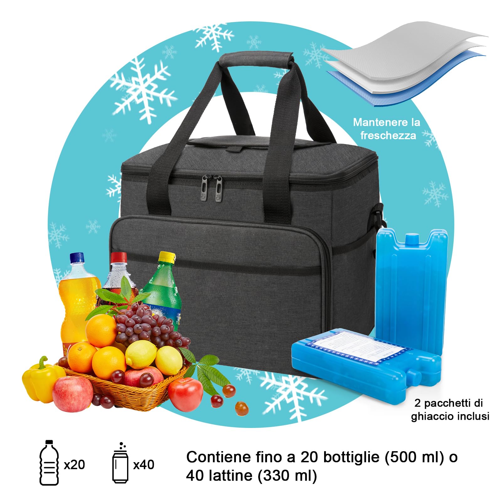 ALLCAMP Borsa Termica Pieghevole 30 L 2 Panetti Refrigeranti,nero | Fino a 24 ore di fresco, apertura, fodera impermeabile termosaldata, supporti laterali pieghevoli, facile da pulire