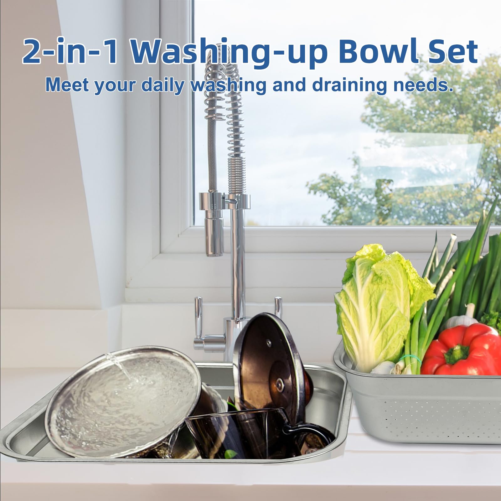 Set di ciotole 2 in 1 in acciaio inossidabile, 32,5 cm, robusta vasca quadrata con scolapasta, lavabo per frutta e verdura, per lavello, padella per scolare riso, pasta, colino per alimenti