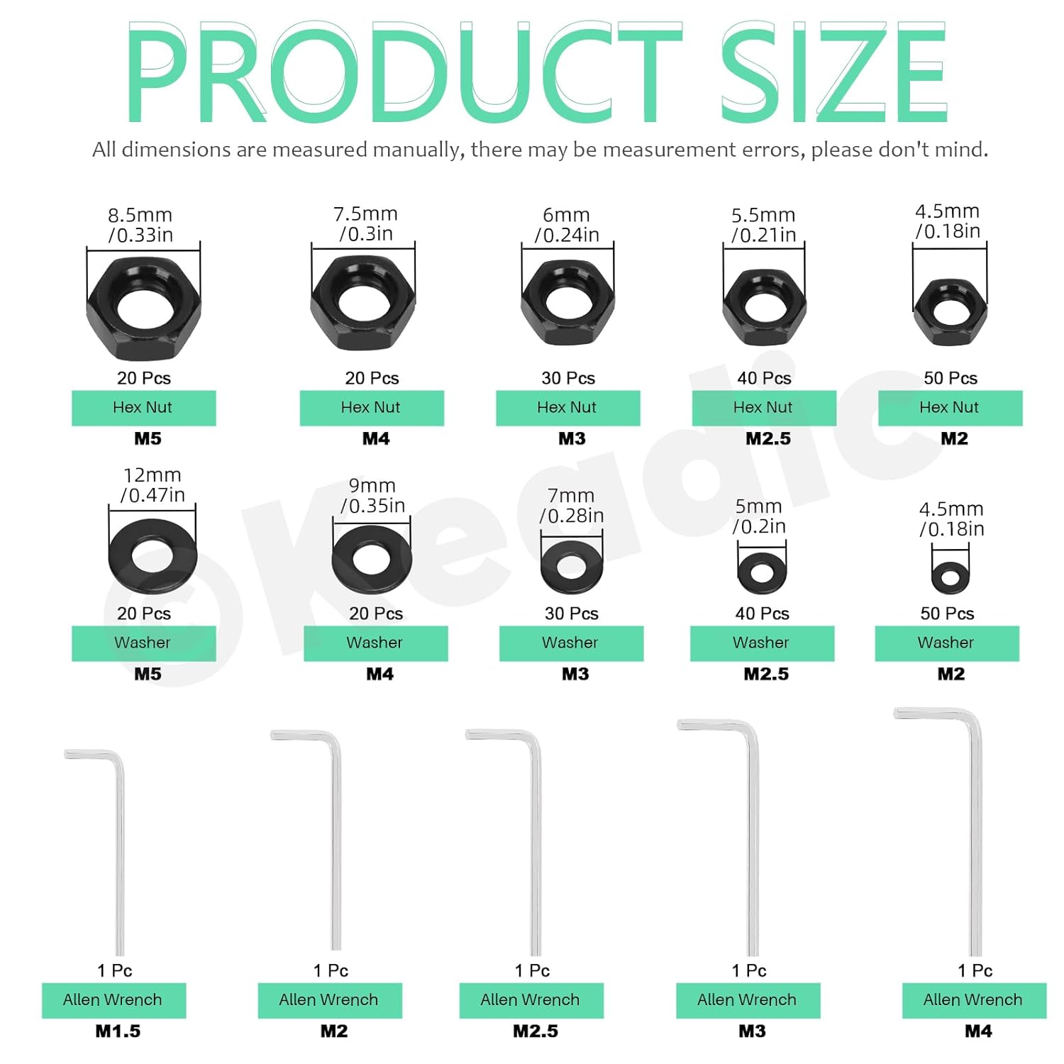 Keadic 110 PCS Threaded Inserts M2 - M5 Brass Heat Set Insert for Plastic and 3D Printing Components Set, 160 Hex Socket HeadCap Bolts, 160 Hex Nuts,160 Washers,5 Allen Wrenches,