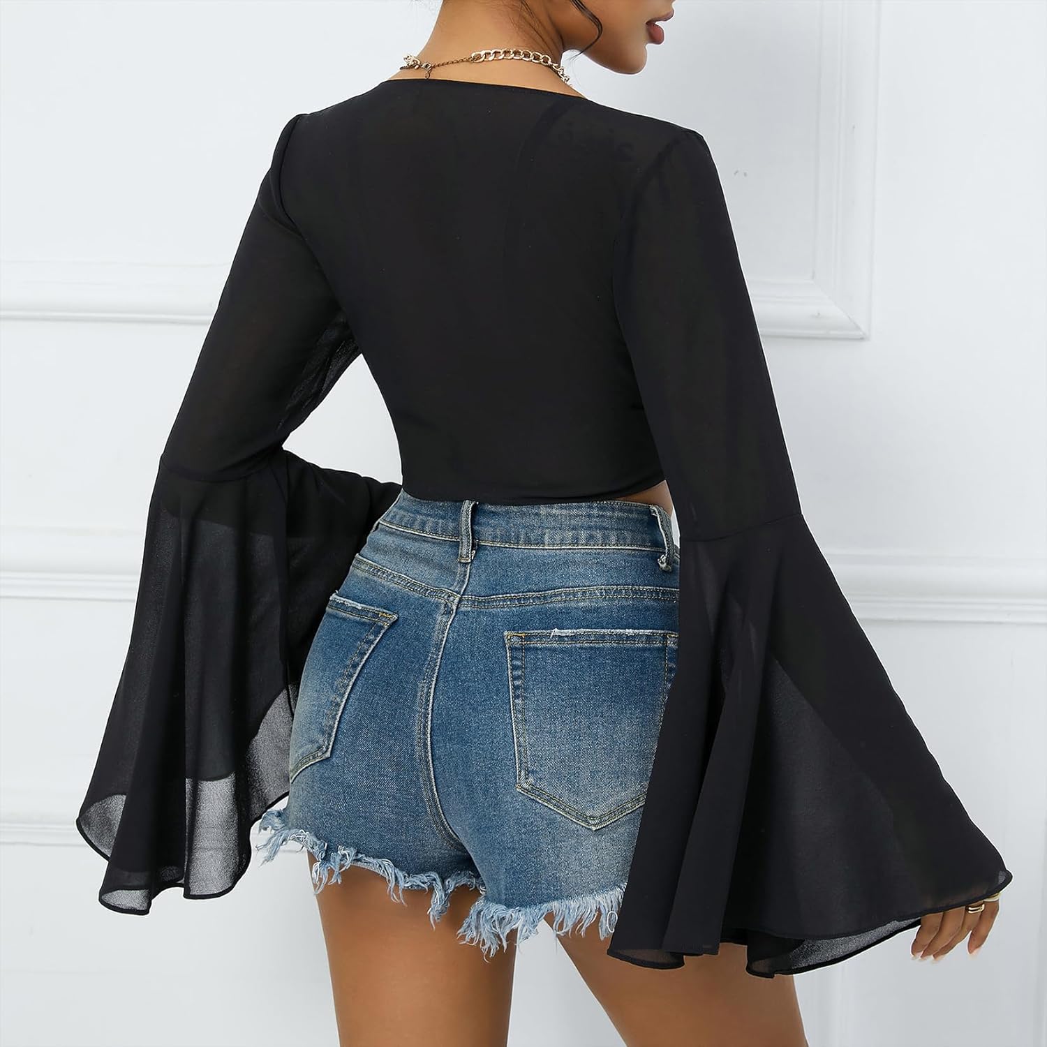 Mesh Tops for Women Bell Sleeve Rave Outfits Tie Front Crop Top Long Sleeve Shirt Sheer Blouse Festival - Image 5