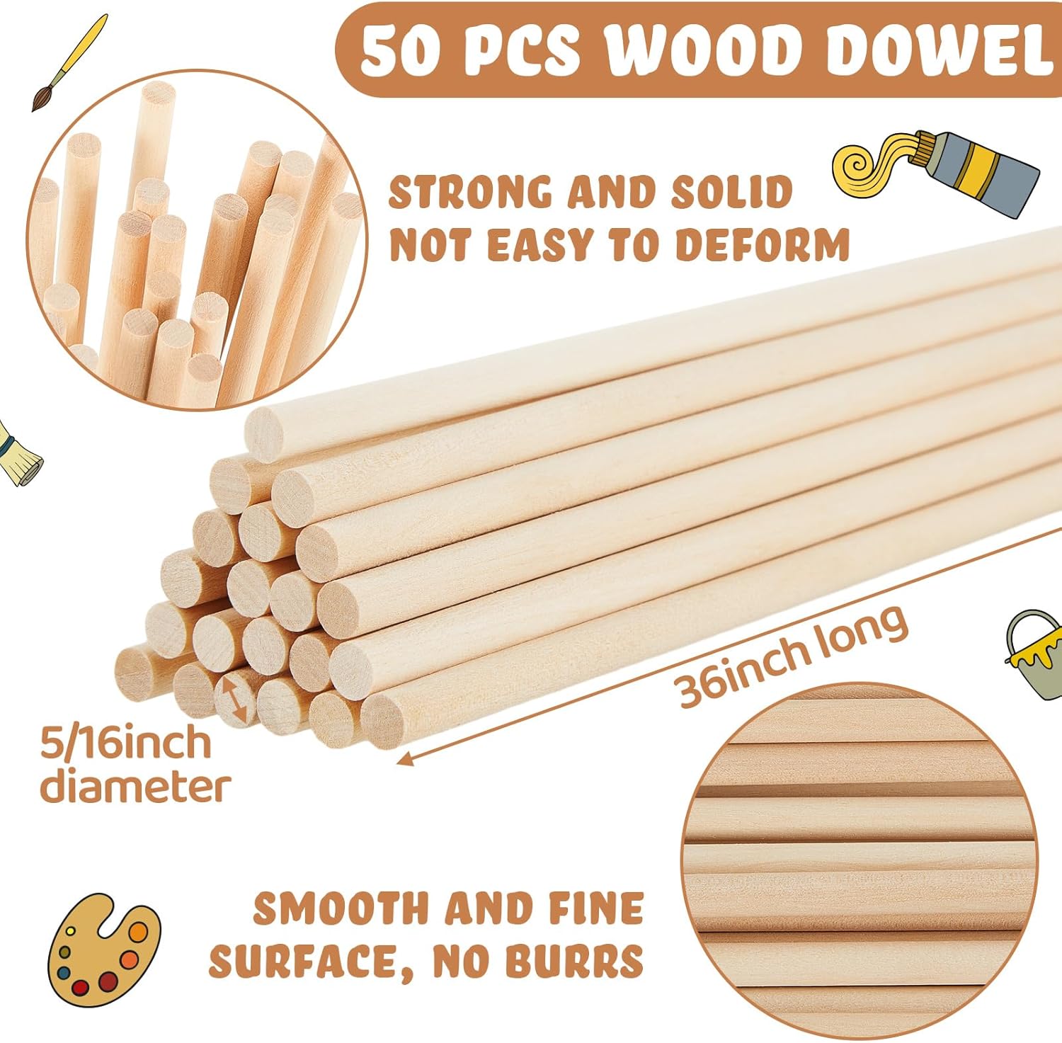 Leinuosen 50 Pcs Dowel Rods Wood Sticks 5/16 x 36 Inch Long Unfinished Wooden Dowel Rods for Crafts Wooden Closet Rod for Closet Building Mixing Creating Painting DIY Craft Projects