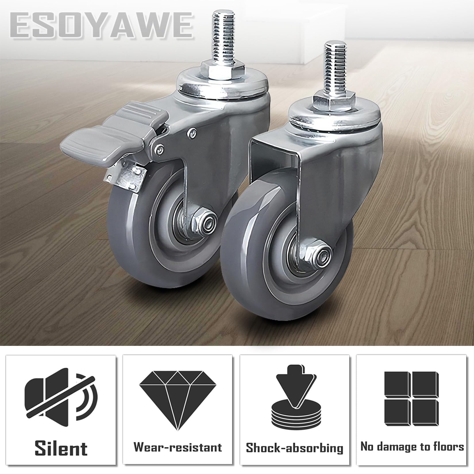 ESOYAWE Rotelle Girevoli Filettate M12 per Impieghi Gravo Set di 4, Silenzioso E Senza Traccia Ruote in Poliuretano con Freni, 63mm 75mm 100mm Rotelline di Ricambio per Carrello E Mobili(Brake,63mm)