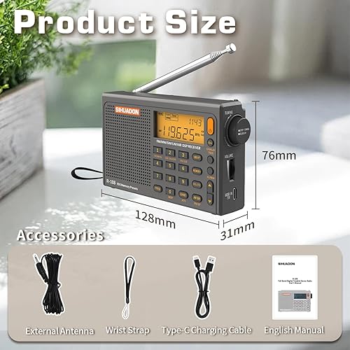 Miniatura 6 de SIHUADON R-108 Radio portátil AM FM SW LW Airband, pequeña radio de emergencia retro digital funciona con pilas, 5 W, altavoz con alarma para