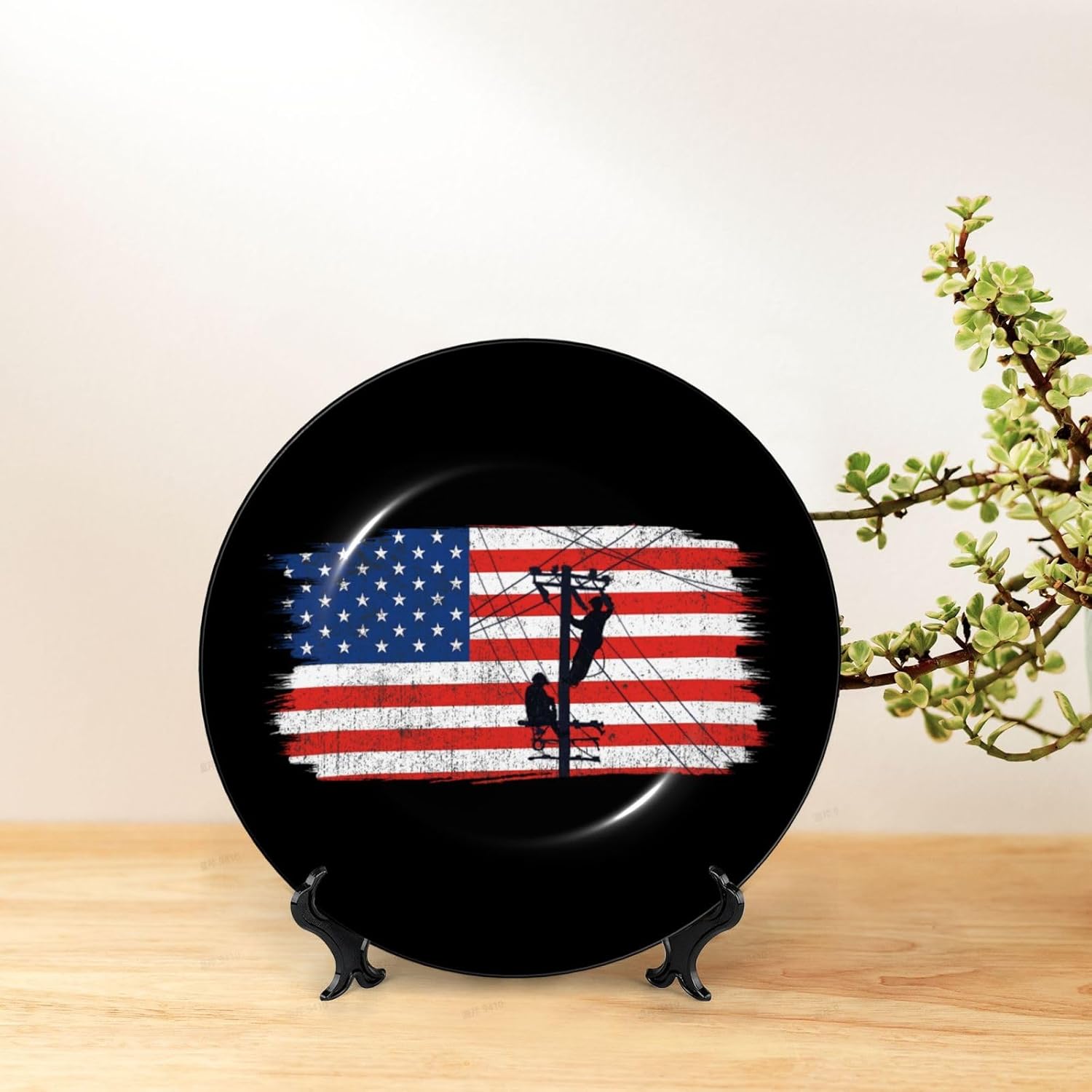 Decorative Ceramic Plate America Flag Electrician Round Decorative Plate with Vertical Stand for Table Accessory Decor Or Bedroom Living Room Bathroom
