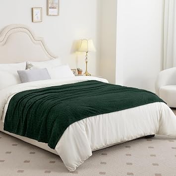 PLEASANT BOULEVARD | Super Soft FleeceThrow Blanket Velvet Wave Pattern Lightweight Cozy Flannel Blankets for All Seasons, Elegant Comfort Luxury Forest Green Fluffy Blankets, Twin (60 x 80)