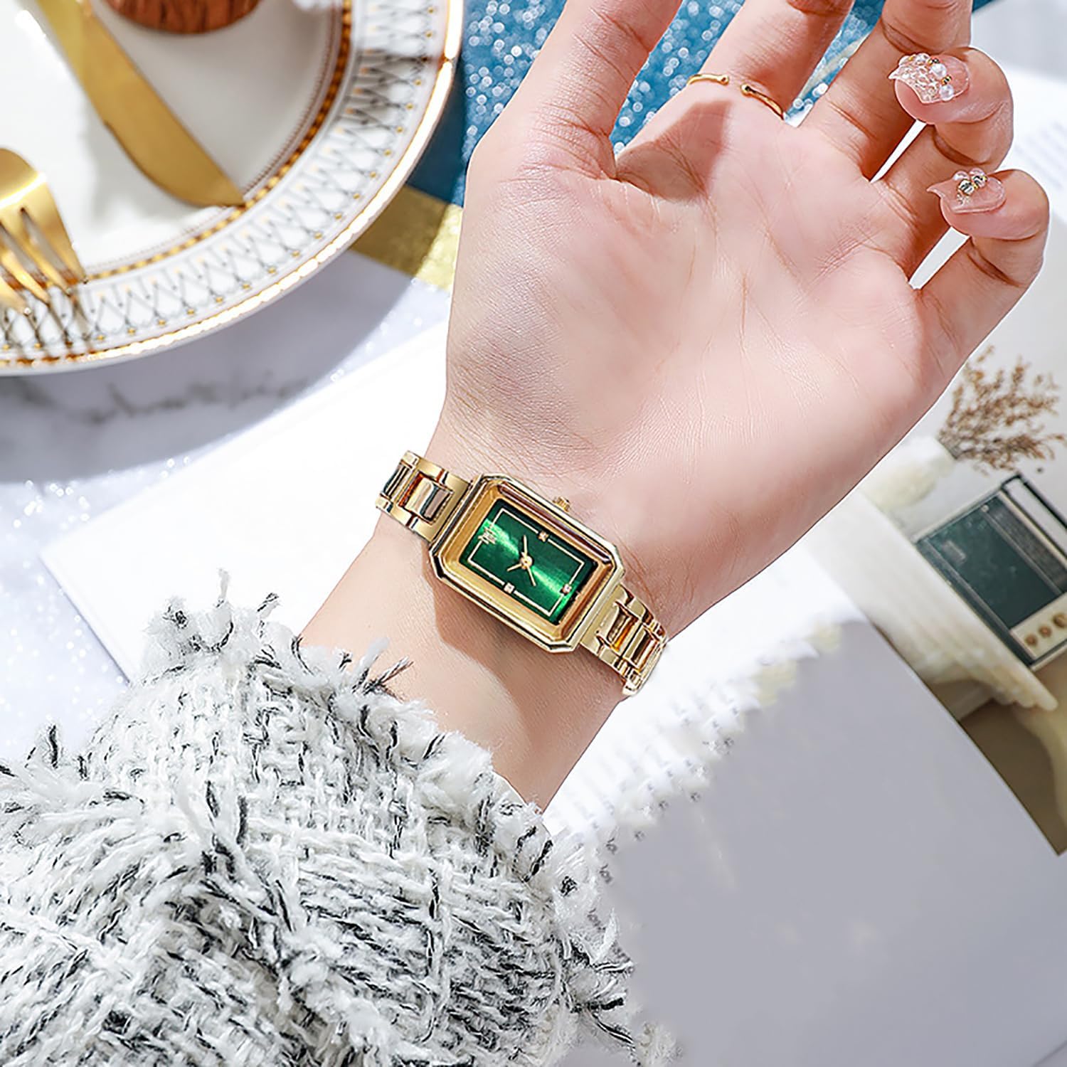 Women's Small Gold Watch Rectangular Case Stainless Steel Watch Band Women Retro Dress Watches - Image 3