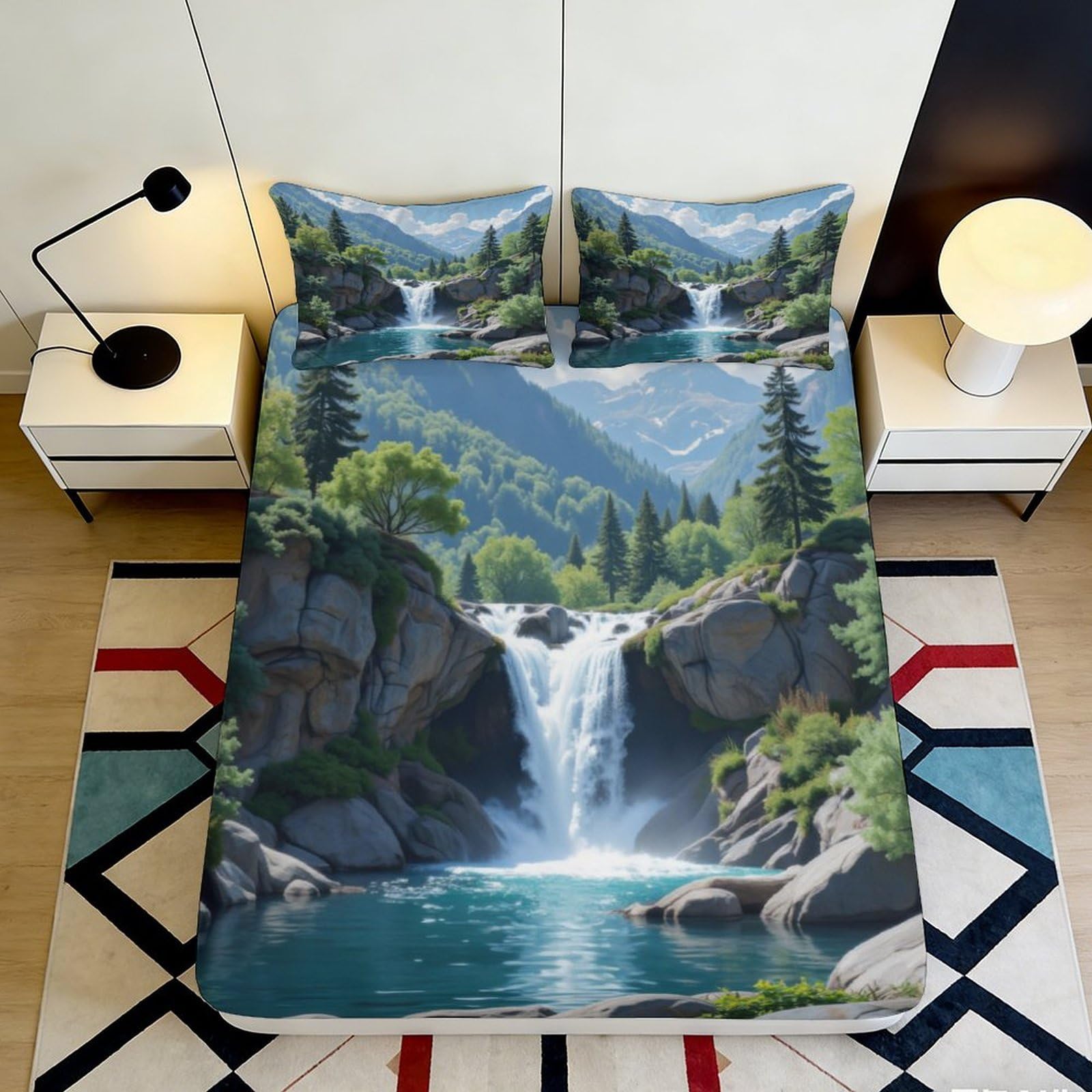 3D Printed Waterfall Scenic Fitted Sheet Microfiber Soft Breathable Mountain Landscape Bed Cover for Bedroom Dormitory Guest Room Mattress Protection Decor 180x200x25cm