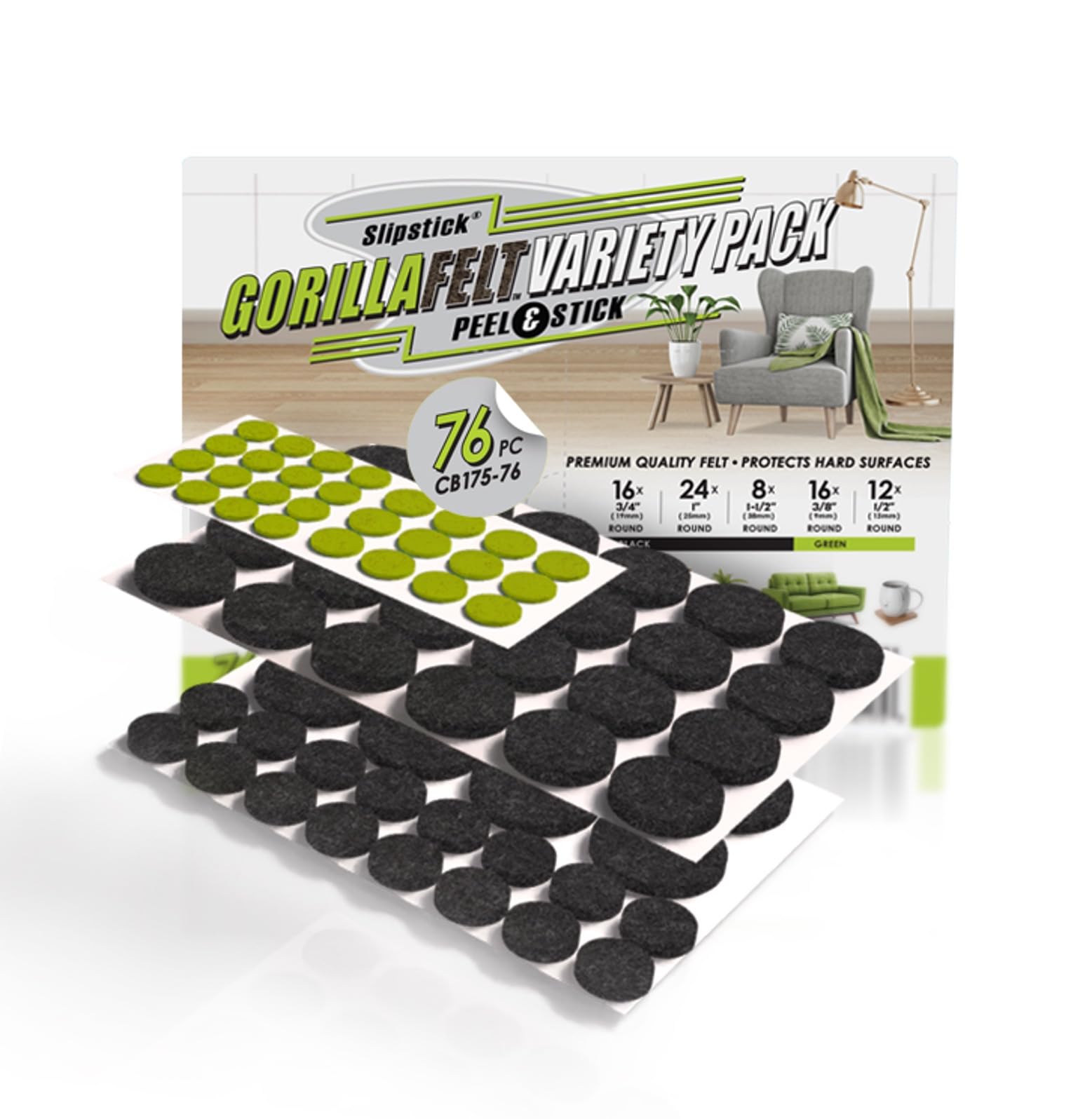 Slipstick Gorilla Felt Furniture Pads (76 Piece Variety Pack) Premium Furniture Pads & Chair Leg Floor Protectors for Hardwood Floors & Hard Surfaces