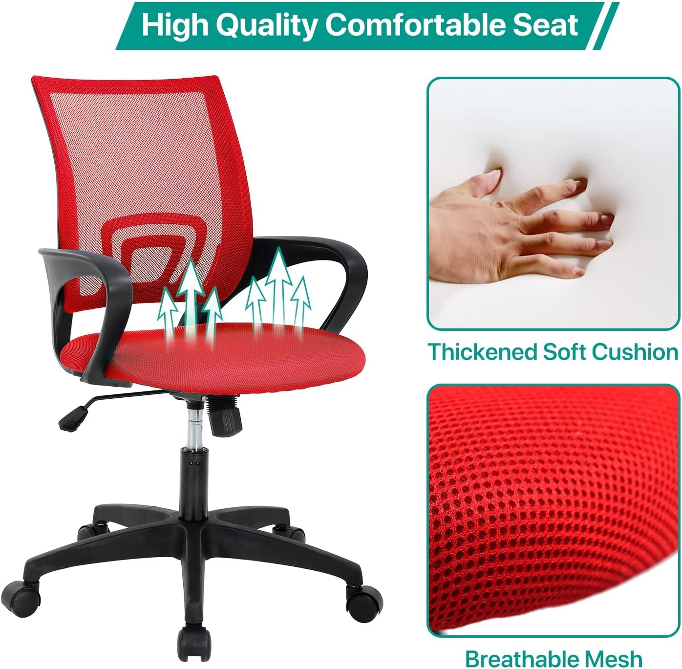 Office Chair Ergonomic Desk Chair Mesh Adjustable Computer Chair Comfortable Adjustable Height Executive Task Chair with Wheel Armrests for Adults Kids, Red