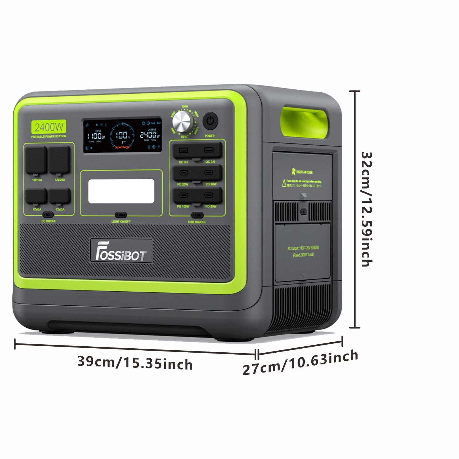 FOSSiBOT F2400 Centrale Elettrica Portatile e Generatore Solare, Batteria di Backup LiFePO4 da 2048 Wh, Uscita CA 2400W (Picco 4800W), CC, USB,Power station adatta per Camper e Viaggi All'aperto