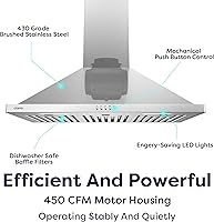 Vista 2 de Campana extractora de 30 pulgadas con control de botón pulsador, campana extractora de acero inoxidable de 450 CFM montada en la pared