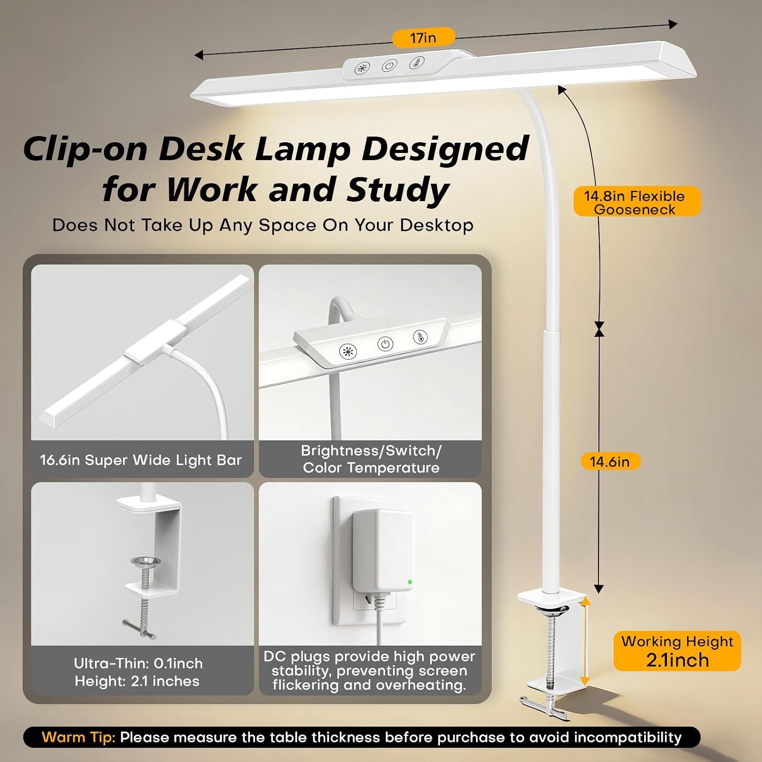 MOICO LED Desk Lamp with Clamp for Office Home-(White, 14.8in) image 3