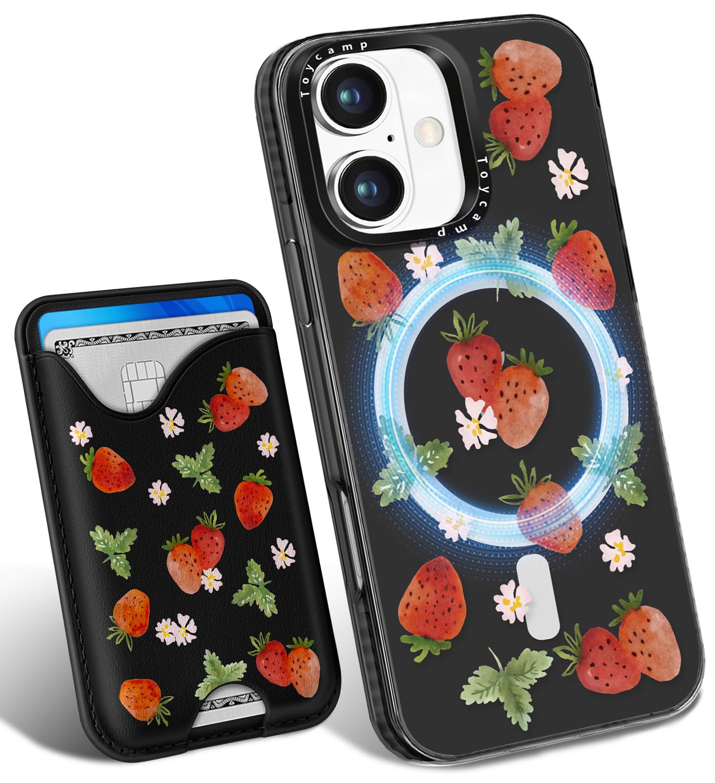 Toycamp for iPhone 16 Case - Compatible with Magsafe with Credit Card Holder Wallet Magnetic Girls Cute Girly Teens Kawaii Unique Strawberry Black