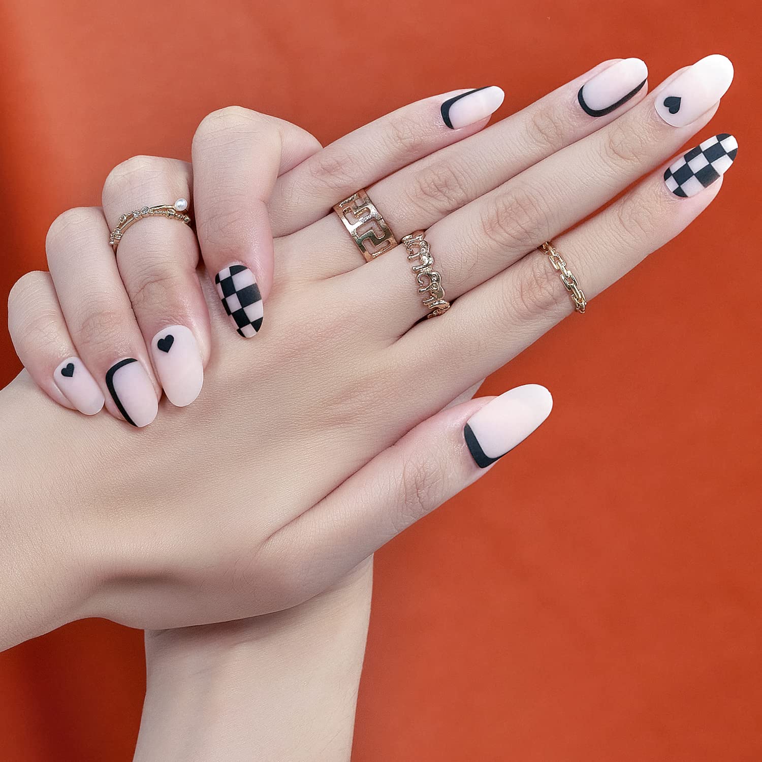 Amazon.com: Press on Nails Medium Almond GLAMERMAID, 24PCS Nude Black Oval  Y2K Short Fake Nails with Checkerboard Design Spring Summer Glue on Nails  for Women Reusable False Nail Tips with 48Pcs Adhesive