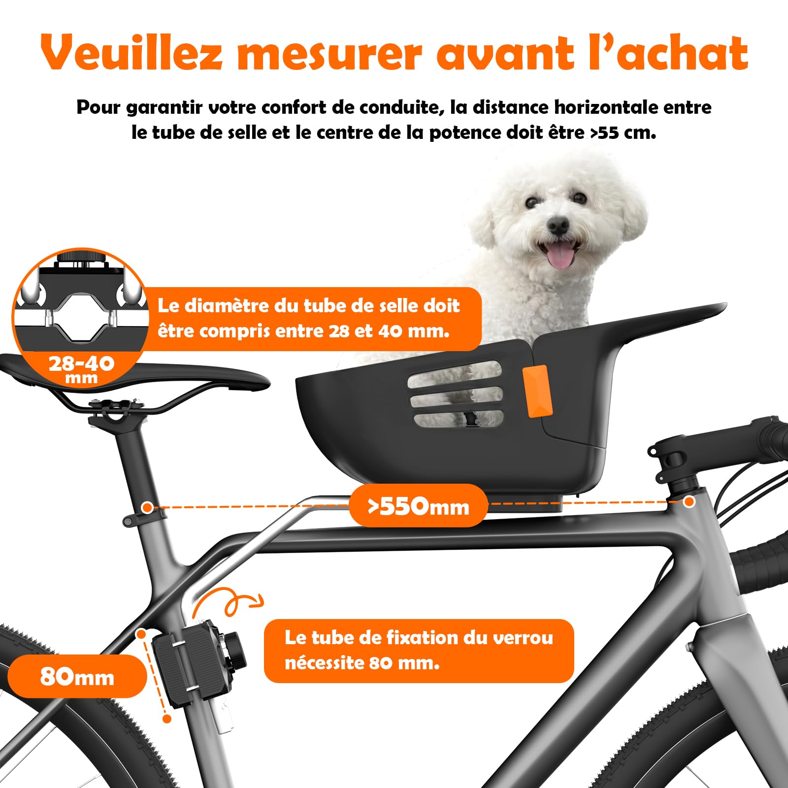 Panier de Vélo Avant pour Chien Chat 12KG, Siège Robuste Intégré, Coussin Nylon Imperméable, Sangles Réglables, Cadre Métal Antirouille