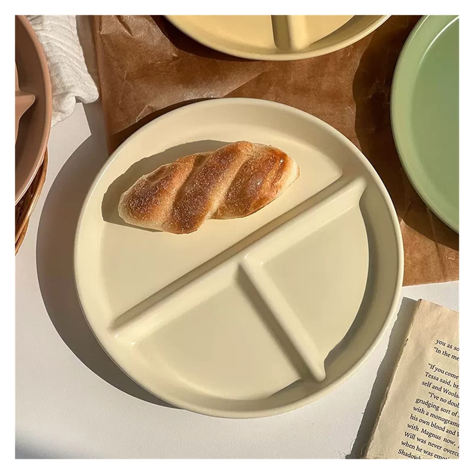 8 inches Round Ceramic Dinnerware Divided Plates,1 Pc, 3 Compartment Portion Control Plates Adult Diet Plate Cream Color Series (Color : White)