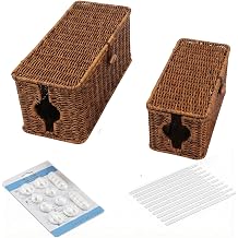Wicker Cable Management Box, 2 Pack Large & Small Cable Organizer Box, Faux Rattan Hand-Woven Desk Organizer with 10 Cord Clips and 10 Ties, for Home Office and Charging Station