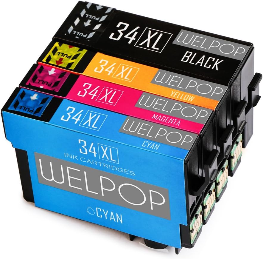 WELPOP 34 XL Compatible Replacement for Epson 34XL C13T34664010 Ink Cartridge, Multipack 4-Colours, High Yield Use with Epson Workforce Pro WF-3720DWF WF-3725DWF Printer，Black/Cyan/Yellow/Magenta