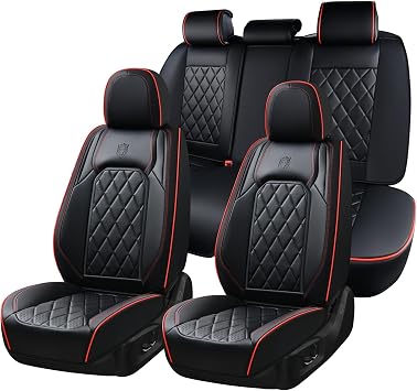 Coverado Car Seat Covers Full Set, Luxury Faux Leather Waterproof Seat Covers, Black Car Seat Covers, Universal Car Seat Protector Leather Car Seat Cushion, Carseat Cover Fit Most Cars, Black&Red