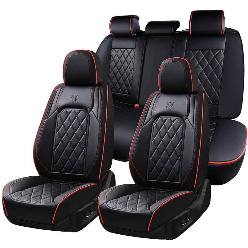 Capas para Bancos de Carro Coverado em Couro Sintético Perfurado Impermeável, Preto com Detalhes Vermelhos, Kit Completo