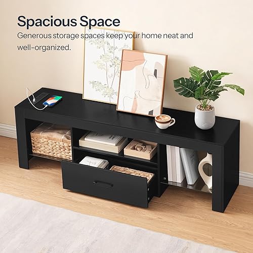 Miniatura 8 de HOOBRO Soporte de TV LED con tomas de corriente para TV de hasta 65 pulgadas, centro de entretenimiento para videojuegos con estantes de vidrio y