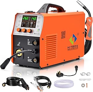 HITBOX MIG250 Mig Welder 250A Welder Dual Voltage Welding Machine 110v/220v Multiprocess 5 IN 1 Welder Machine Gas/Gasless/Stick/Lift Tig/Spot Welding Portable Welder Professional Aluminum Welder