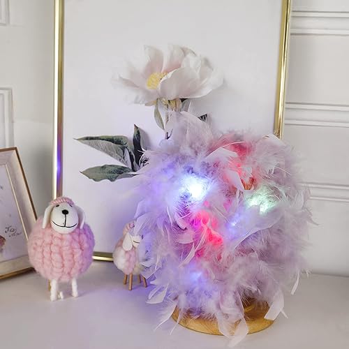 Miniatura 3 de Larryhot Boas de plumas moradas para fiesta, 2 yardas, 2.65 oz, 20 luces LED coloridas para fiestas, bodas, disfraces de Halloween, árbol de Navidad