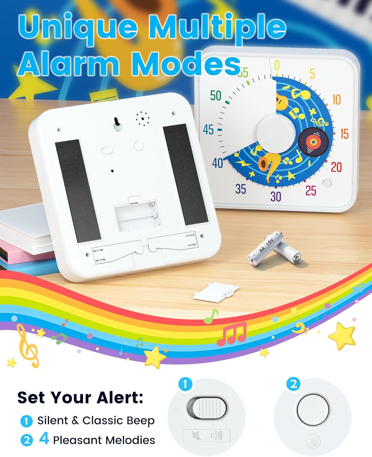 BellMan 8 Inch Large Visual Timer for Kids and Adults, Non-Ticking Visual Countdown Timers with 5 Music Alarm for Classroom Desk Countdown Clock with Magnetic Backing (White)