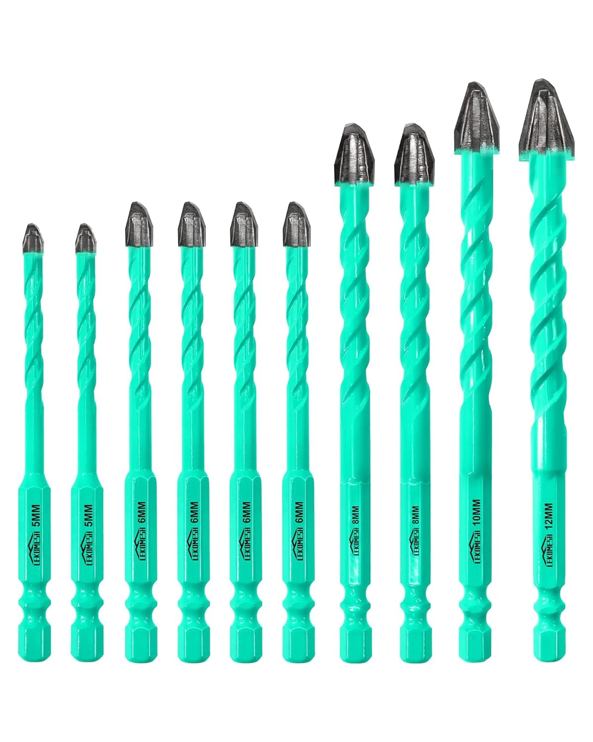 10PCS Carbide Masonry Drill Bit Set, 3/16"–1/2", 4-Cross 9-Edge Tip for No Walking & Precise Drilling, Hex Shank Multi-Material Bits for Tile, Ceramic, Brick, Concrete, Glass, Wood