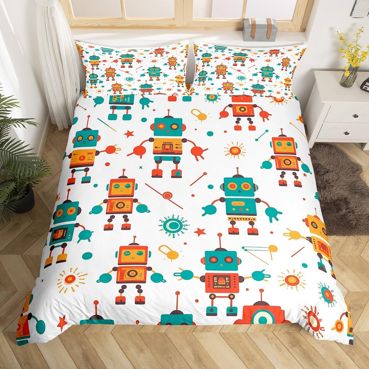 jejeloiu Cute Robot Bedding Duvet Cover Set Toddler Size Intelligent Machine Bedding Set for Kids Boys Girls Cartoon White Decor Comforter Cover Set Home Decor Bedspread Cover,No Stuffing