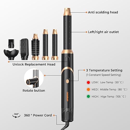 Vista 8 de Cepillo secador de pelo 6 en 1, cepillo secador de pelo plegable con envoltura de rizador de aire, cepillo de aire caliente desmontable para secar