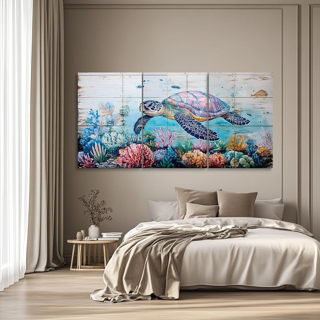 3 Piece Canvas Wall Art Turtle Colorful Sea Bottom Ocean Coastal Decor Under the Sea Bathroom Living Room Bedroom Wall Hanging Seascape Animal Wall Decor Artwork for Walls Hawaiian Seaview Canvas Print (16x24 inch)