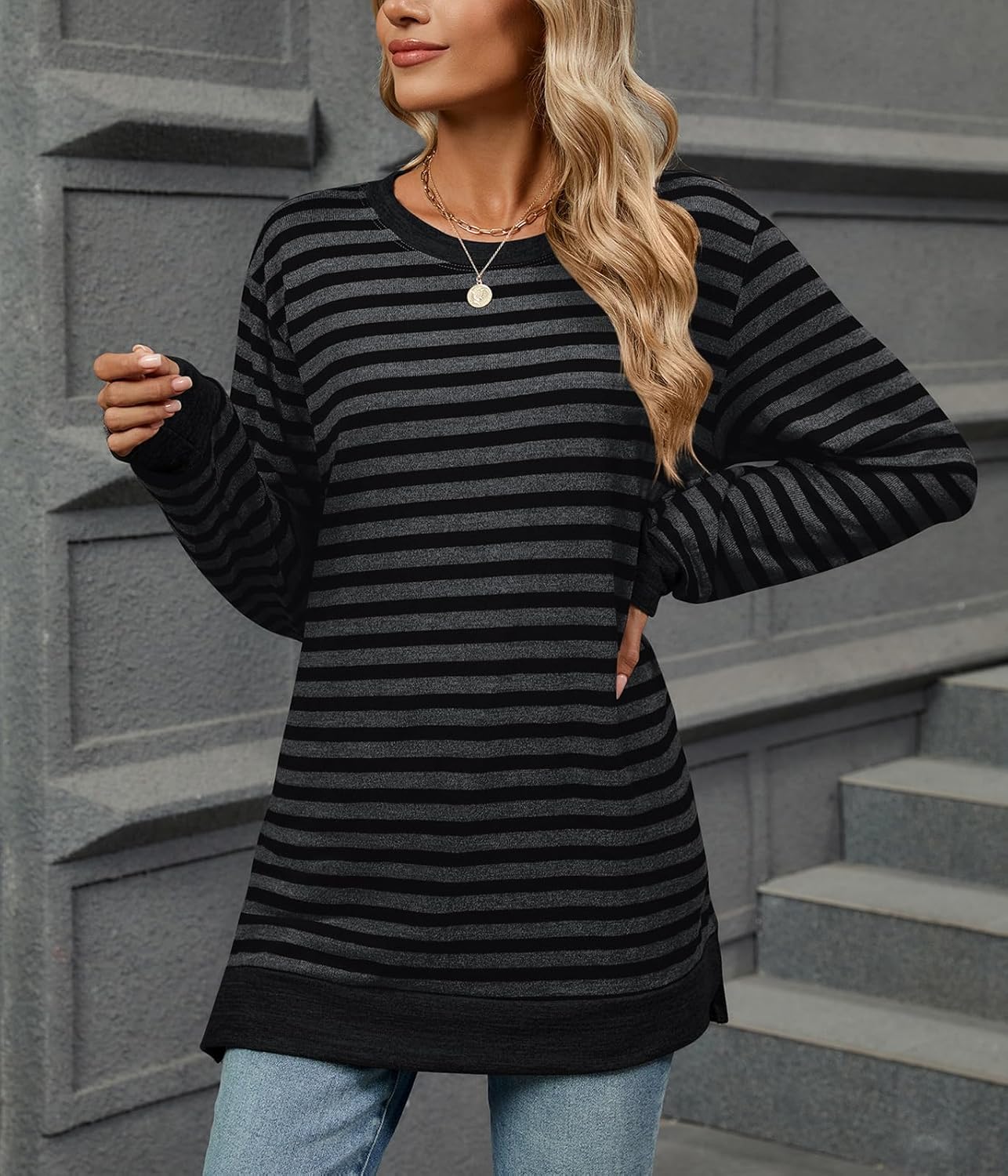 BAISHENGGT Fall Tunic Tops for Women Casual Striped Crewneck Pullover Long Sleeve T Shirts Side Slits - Image 3