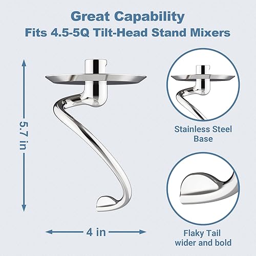 Miniatura 3 de Gancho de masa en espiral de acero inoxidable para batidora de pie Kitchenaid, 4.5 cuartos de galón 5 cuartos de galón de cabeza inclinable para
