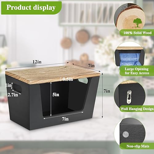 Miniatura 2 de Ruthynow Soporte de madera extra grande para bolsas de basura con tapa, dispensador de bolsas de basura montado en la pared con asas, organizador de