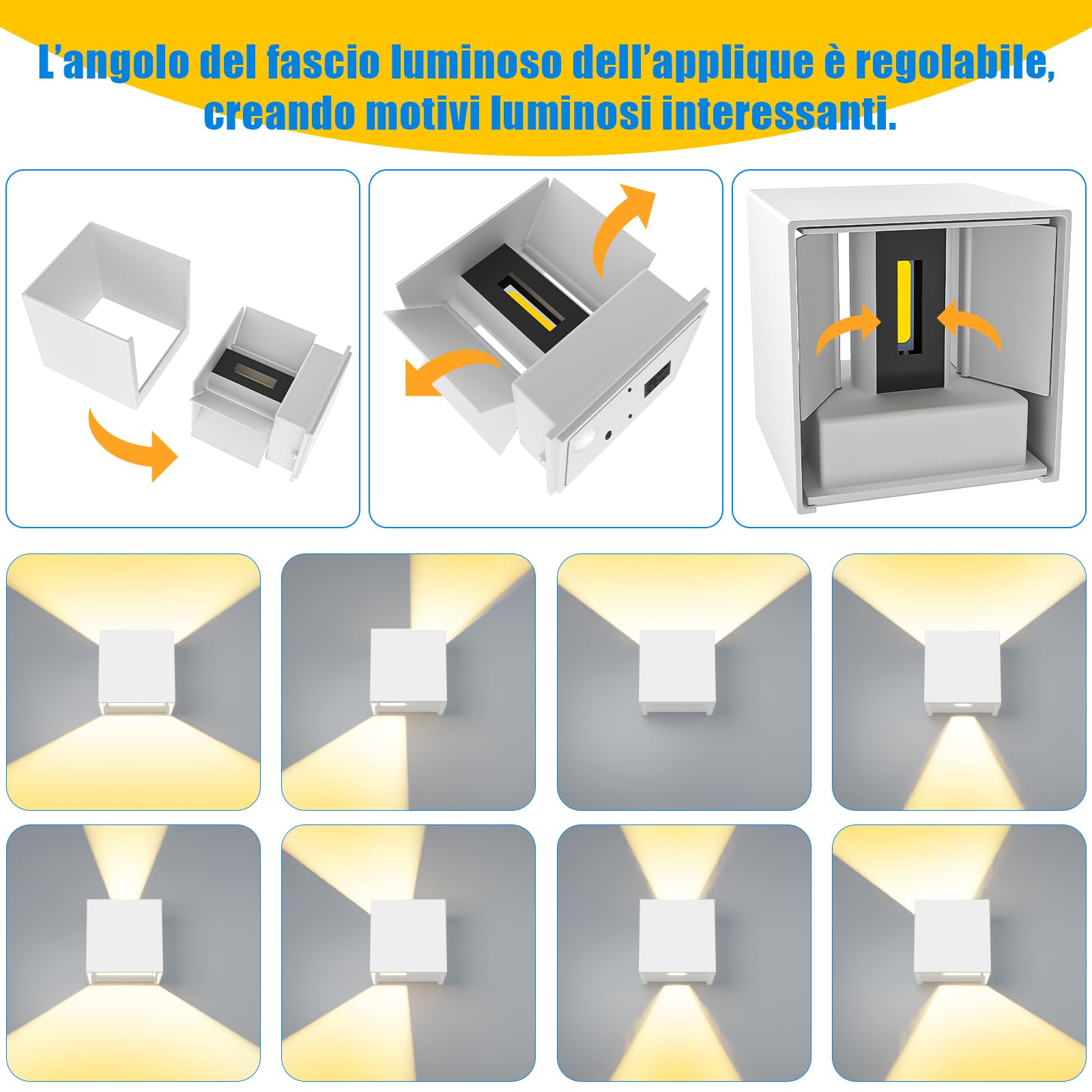 Voltix 2 Pezzi Applique da Parete LED per Esterno e Interno, Lampada da Parete Moderna Nero 12W, IP65 Impermeabile, Fascio Luminoso Regolabile, Design Cubo Quadrato per Muro (3000K – Luce Calda)
