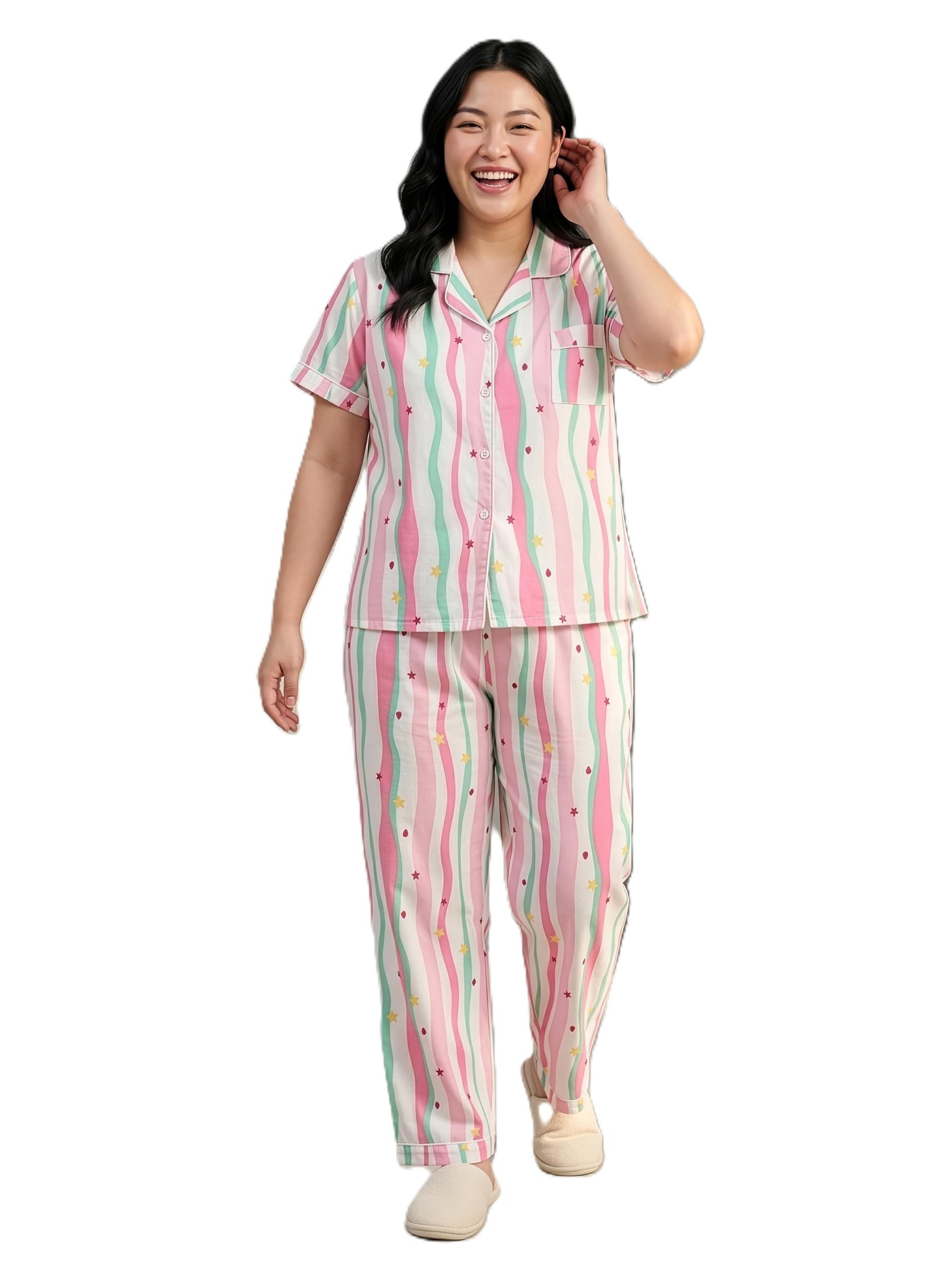 lugo Women’s Printed Cotton Blend Night Suit Set | Soft & Breathable Short Sleeve Shirt with Pyjama | Comfortable Sleepwear-picture-46