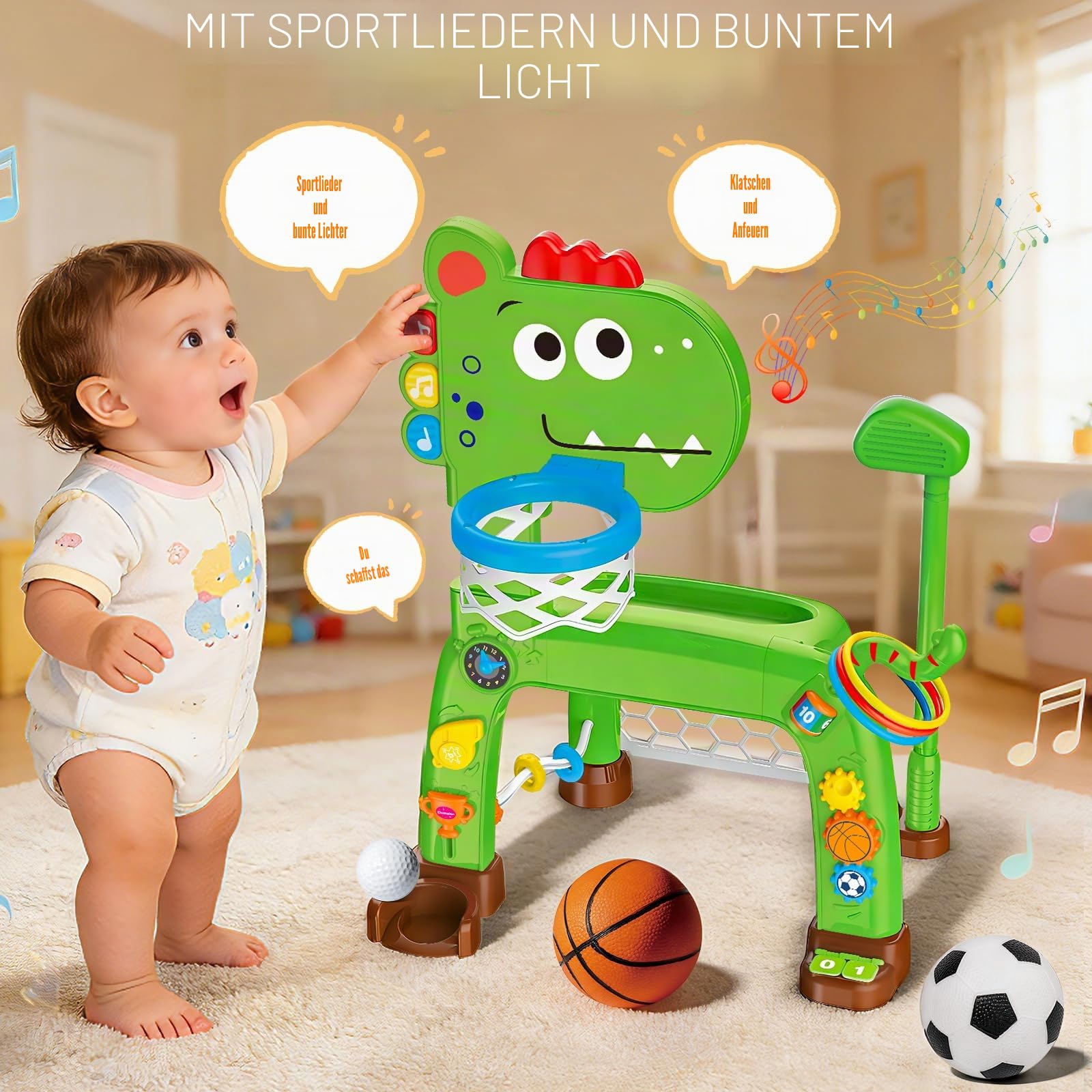 4-in-1 Basketballkorb und Fußballtor Spielzeug für Kleinkinder, Babyspielzeug mit Golfspiel und Ringwurfspiel, Dinosaurier-Spielzeug für 1 2 3 jährige Jungen und Mädchen mit Licht, Sound und Musik