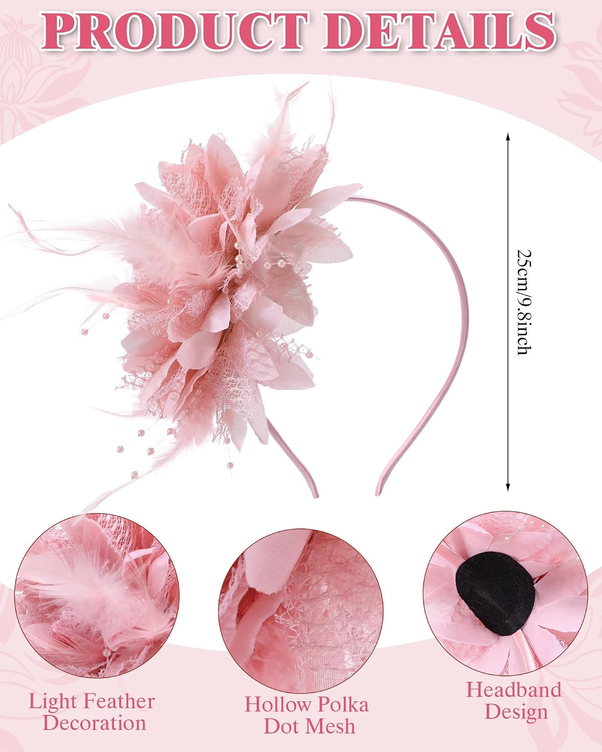Sureio 6 Pcs Fascinators Tea Party Hats for Women, Derby Hats with Feather Pearl Veils, Race Day Headbands for Wedding Dress
