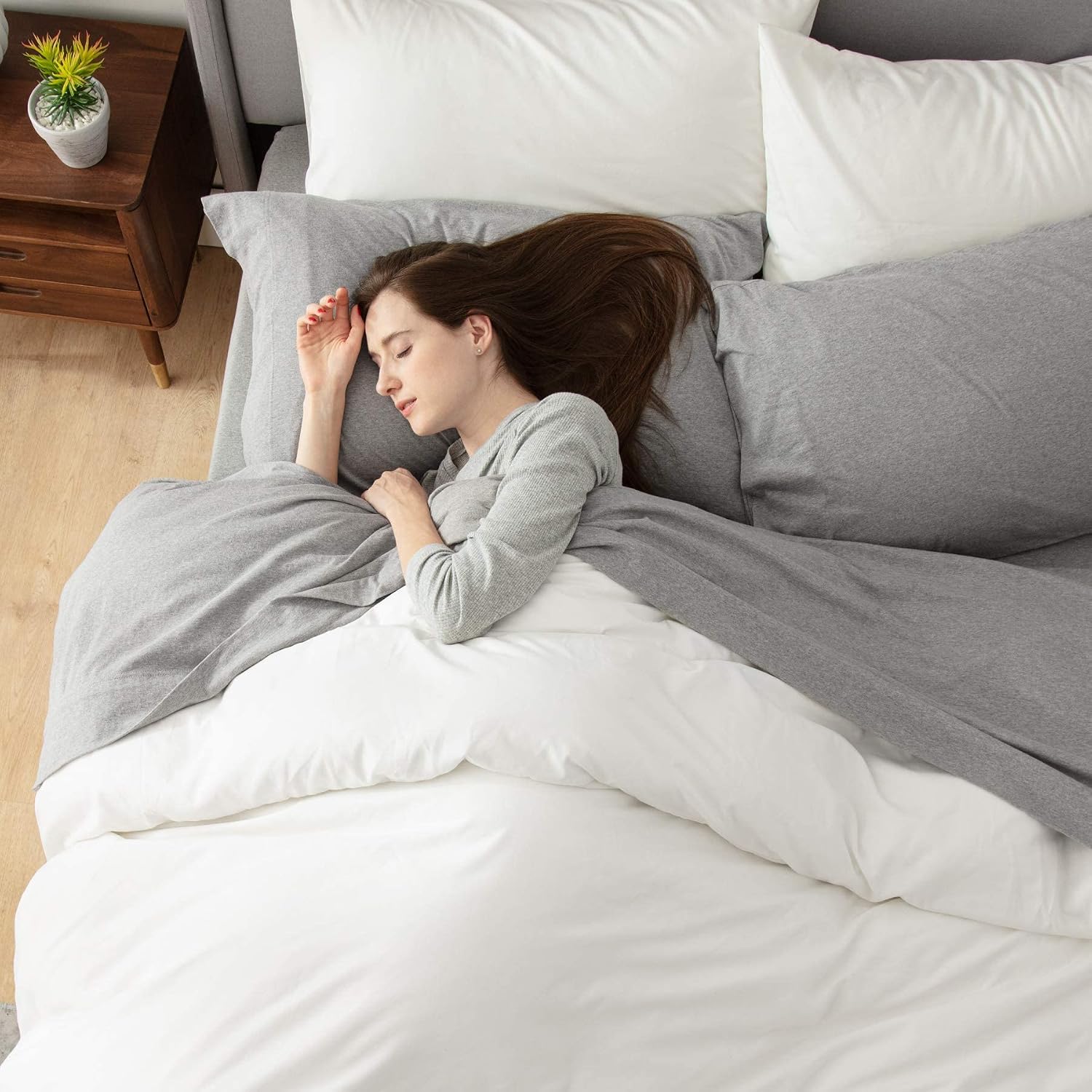 Bedsure Jersey Knit Sheets Full Set - 100% Cotton T Shirt Bed Sheets for Full Size Bed, Light Grey, 4 PC Cotton Sheets