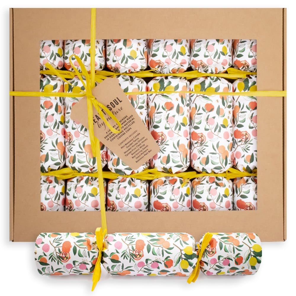 Celebration Crackersby Nature Handmade Luxury Christmas Crackers - 6 x 13 inch - Fruity Bees Deluxe Eco Set in Kraft Tray