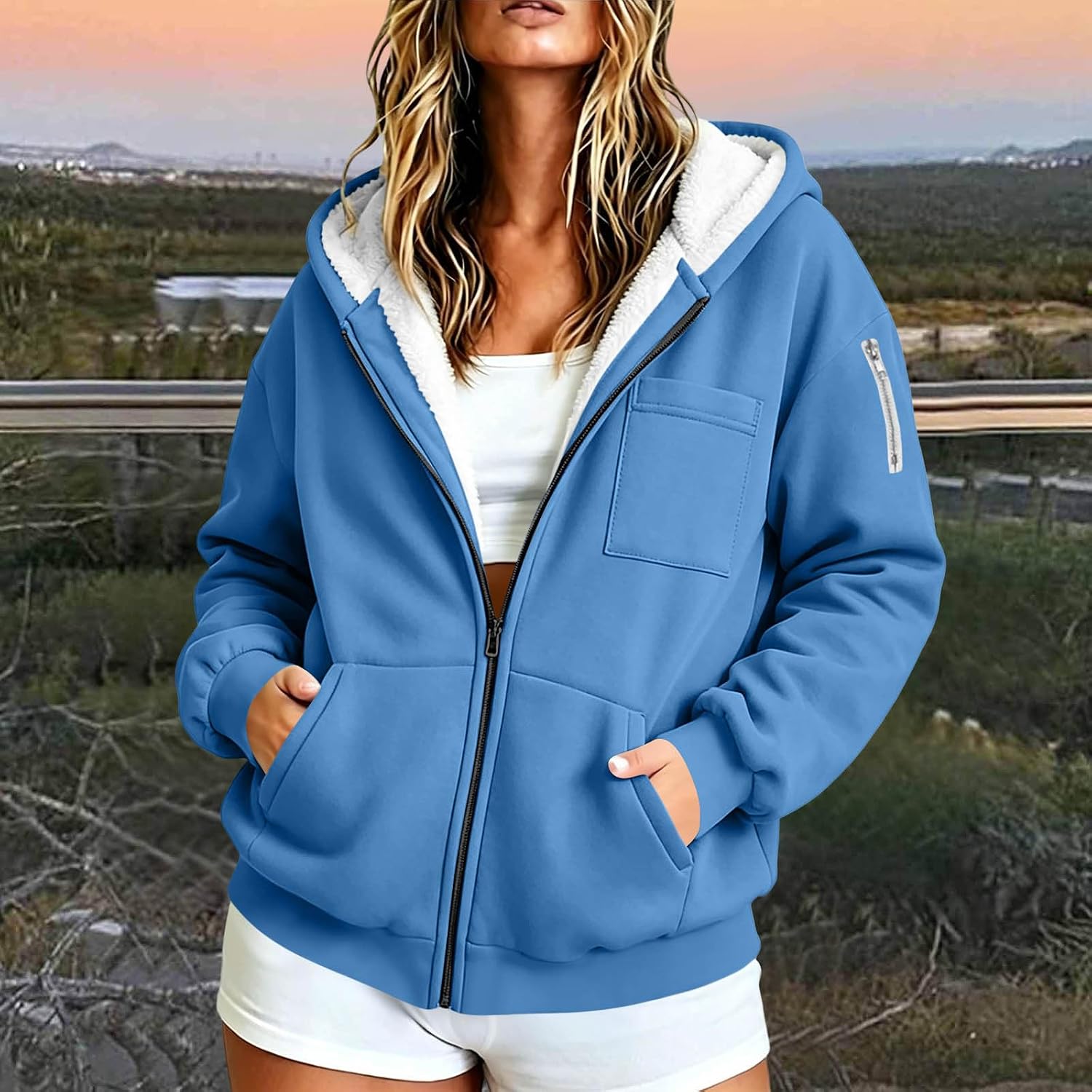 Sherpa Fleece Zip Hoodie for Women Long Sleeve Oversized Warm Jacket Soft Cozy Fall Winter Casual Sweatshirts