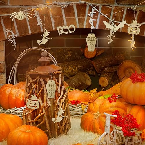 Miniatura 2 de Anditoy 60 piezas de rebanadas de madera de Halloween sin terminar colgantes adornos de madera de Halloween manualidades para niños, decoración de
