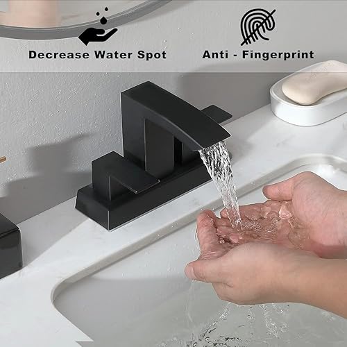 Miniatura 3 de Friho Grifo de baño de cascada negra, grifos de lavabo central de 4 pulgadas, 3 agujeros y 2 manijas con boquilla cuadrada, drenaje desplegable y