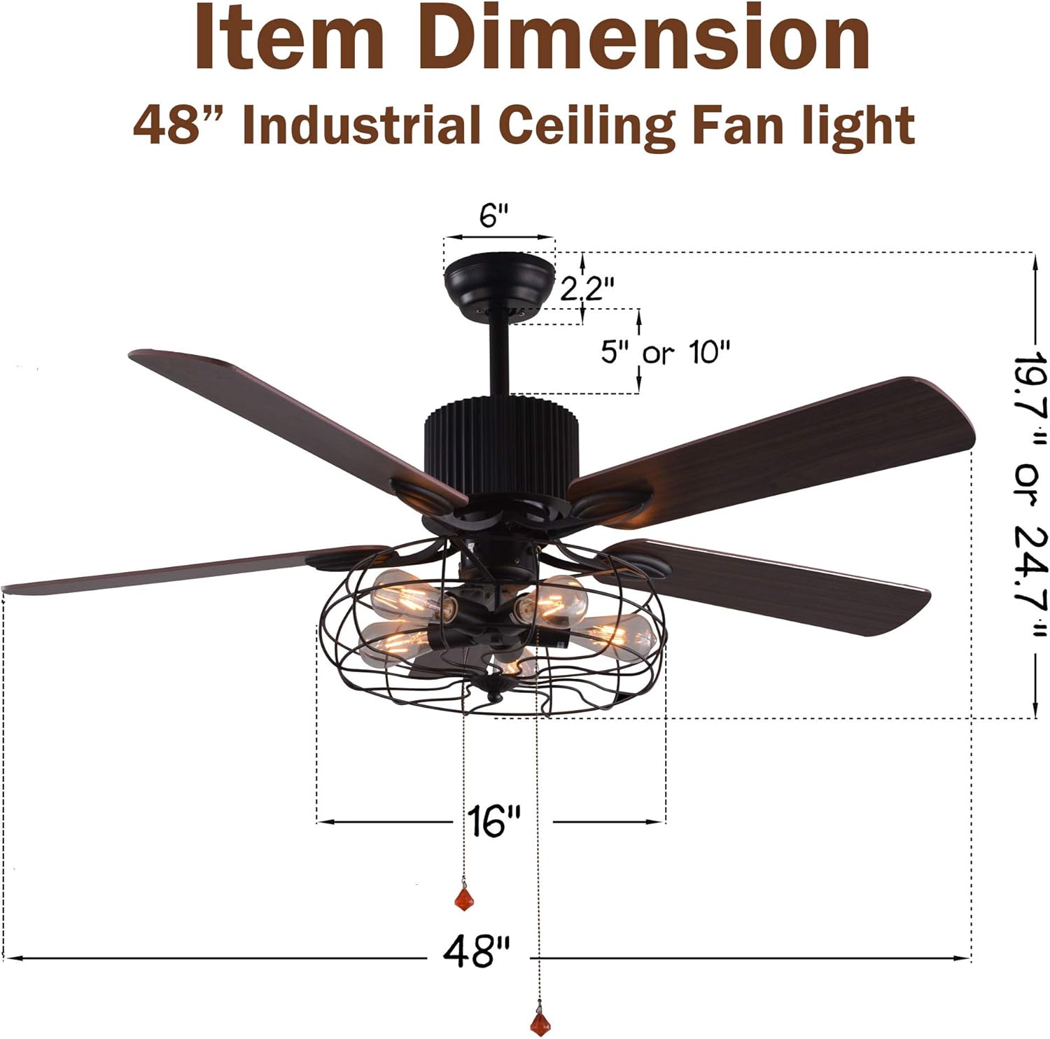 Promo 40% OFF Bella Depot 48 Vintage Industrial Ceiling Fan Light, Remote Control & Pull Chains, 5 Wood Reversible Blades, Black Cage Ceiling fan for Living Room/Bedroom/Restaurant etc.
