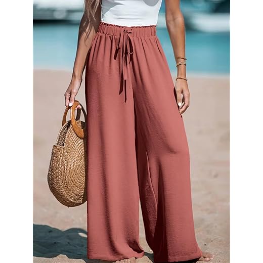 Calça feminina de cintura alta de linho Palazzo folgada para praia