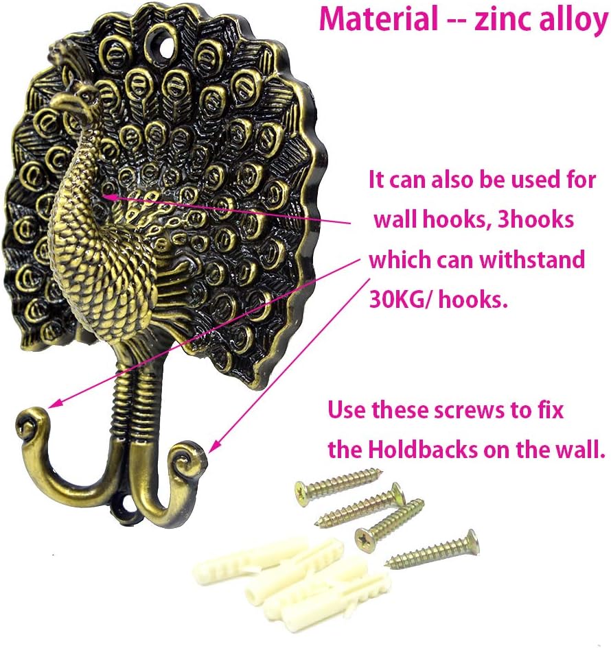 Ailejia 1Pair Peacock Curtain Holdbacks Zinc Alloy Wall Hook Hanging Ball Straps Wall Mounted Curtain (Bronze)